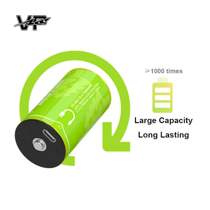 Super Heavy Duty D Size 7400mWh VP Rechargeable Li Ion Battery Type-C Portable Charging